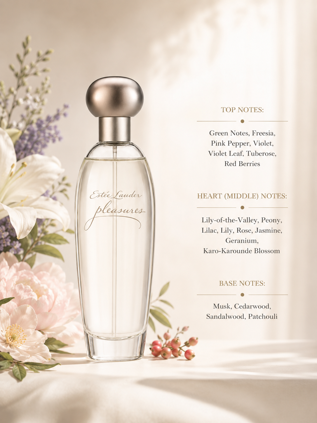 Estée Lauder Pleasures Eau de Parfum with fragrance notes, displayed beside white flowers, peony, pink berries, cedarwood and sandalwood, highlighting its fresh floral composition.