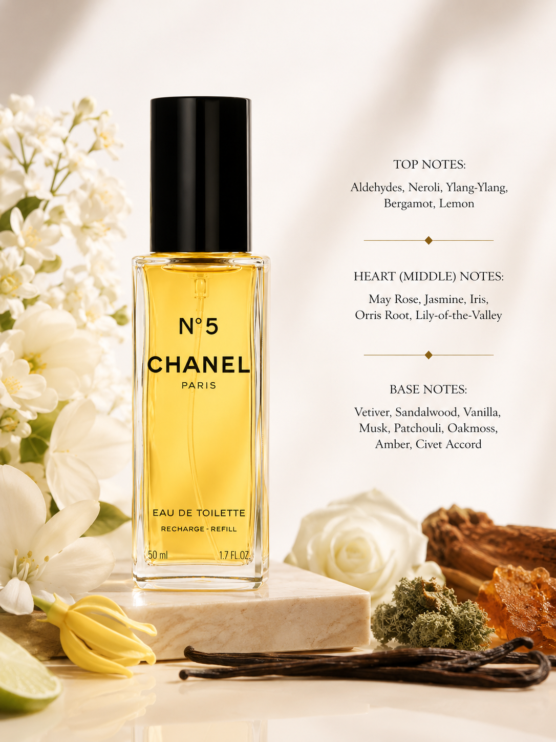 Chanel No. 5 Eau de Toilette Refill with fragrance notes of aldehydes, neroli, ylang-ylang, bergamot, lemon, May rose, jasmine, iris, orris root, lily-of-the-valley, vetiver, sandalwood, vanilla, musk, patchouli, oakmoss, amber and civet accord.