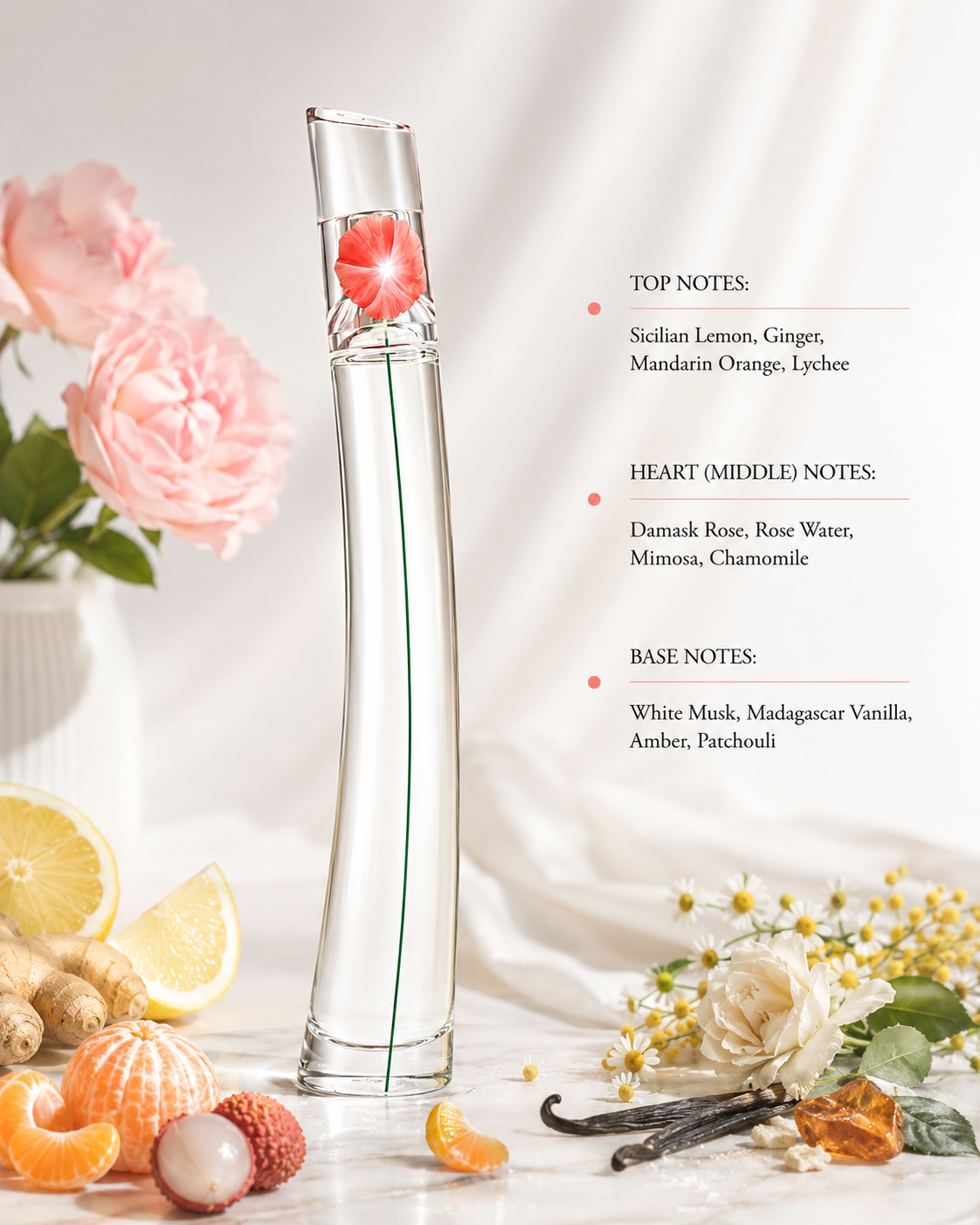 Kenzo Flower 30ml Eau de Toilette displayed with Sicilian lemon, ginger, lychee, Damask rose, chamomile, vanilla and amber accents, reflecting its fresh floral composition in a soft, elegant and feminine setting.