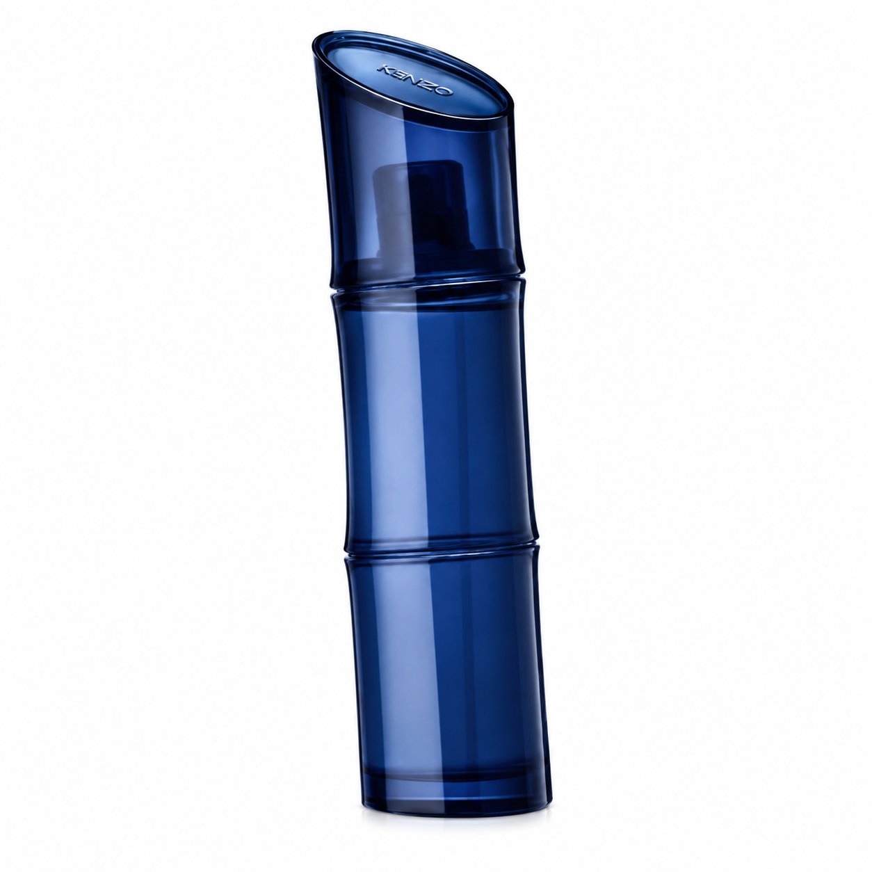 Kenzo Homme Intense Eau de Toilette in the iconic deep navy-blue bamboo-inspired bottle with a curved silhouette, isolated on a clean white background.