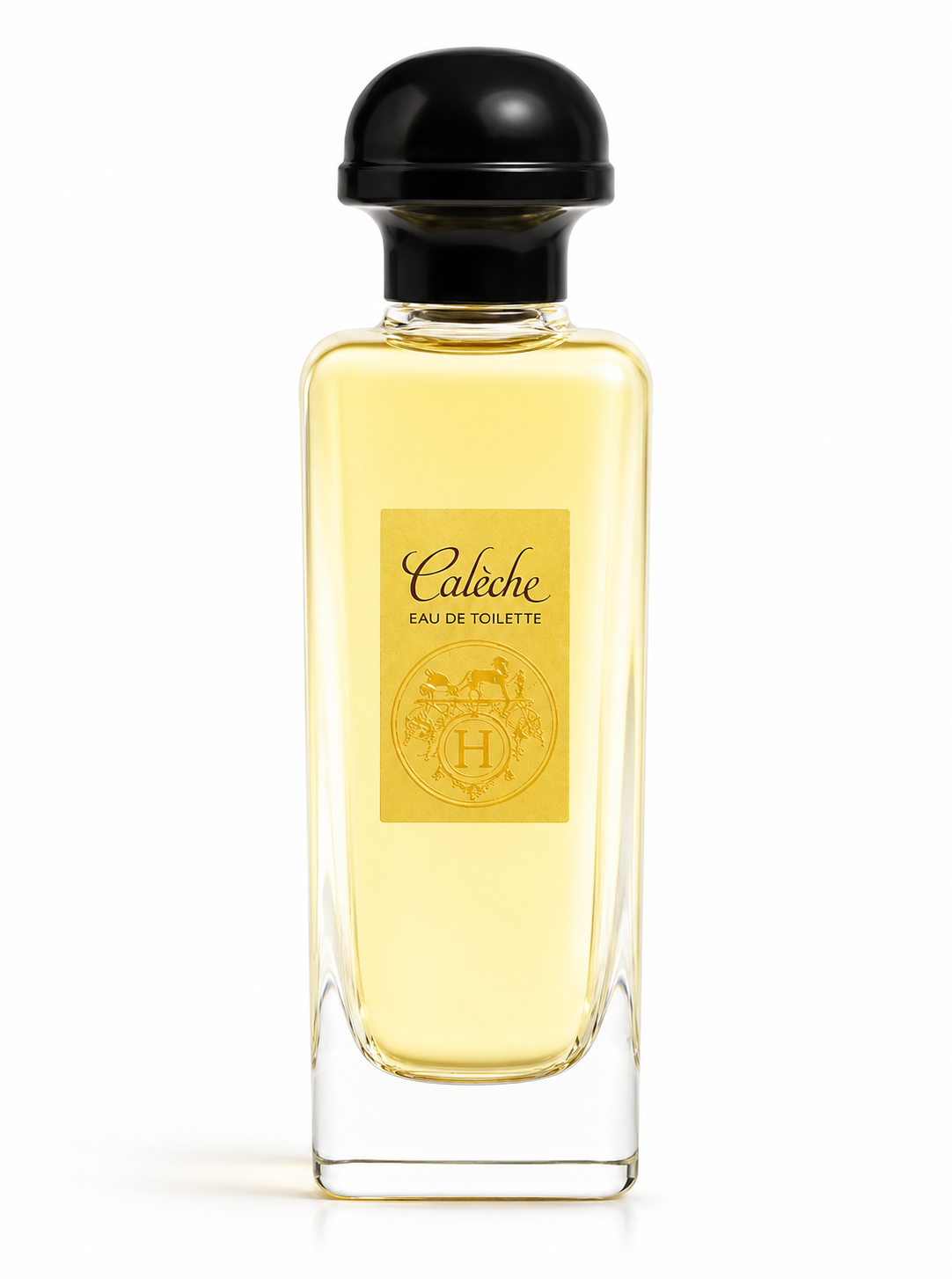 Hermès Calèche 100ml Eau de Toilette for Women in an elegant clear glass bottle with golden fragrance and a classic black cap, isolated on a pure white background.