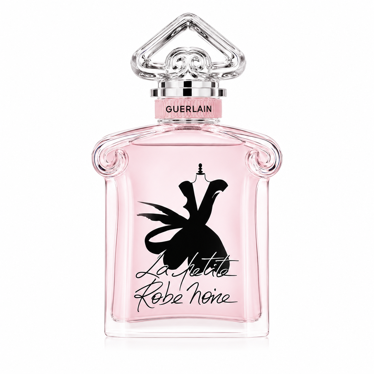 Guerlain La Petite Robe Noire Eau de Parfum perfume bottle isolated on a white background, featuring a delicate light pink glass bottle with an elegant heart-shaped crystal cap and the iconic black dress silhouette.
