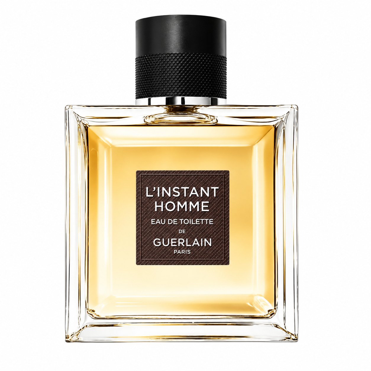 Guerlain L'Instant Homme 100ml Eau de Toilette for Men in a square amber glass bottle with a textured black cap, isolated on a pure white background.