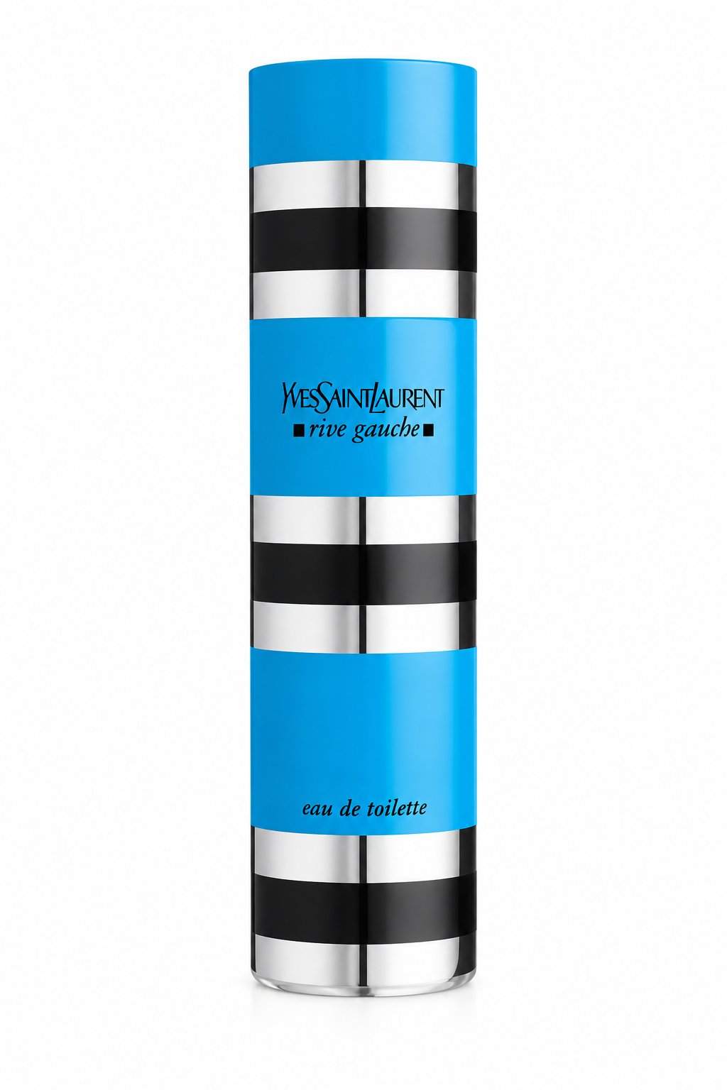 Yves Saint Laurent Rive Gauche 100ml Eau de Toilette for Women in its iconic cylindrical blue, silver and black bottle, presented against a clean pure white background with the original YSL Rive Gauche branding clearly visible.
