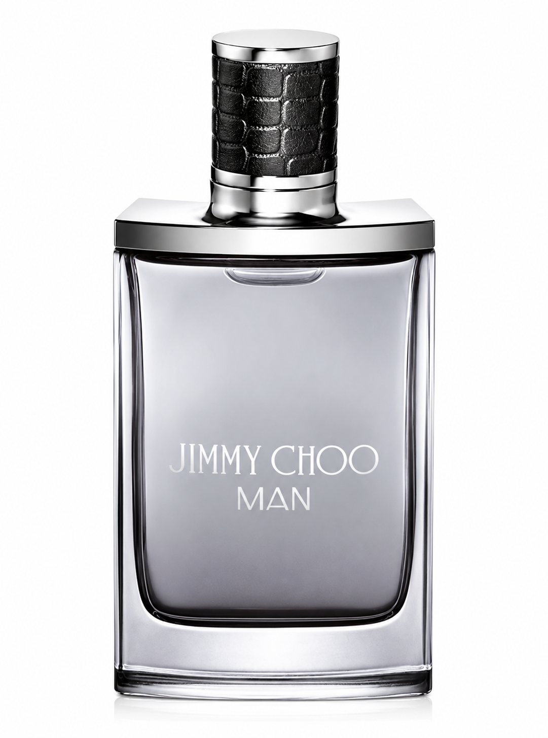 Jimmy Choo Man 30ml Eau de Toilette in a sleek smoky-grey glass bottle with polished silver accents and a textured black cap, isolated on a pure white background for a premium product presentation.