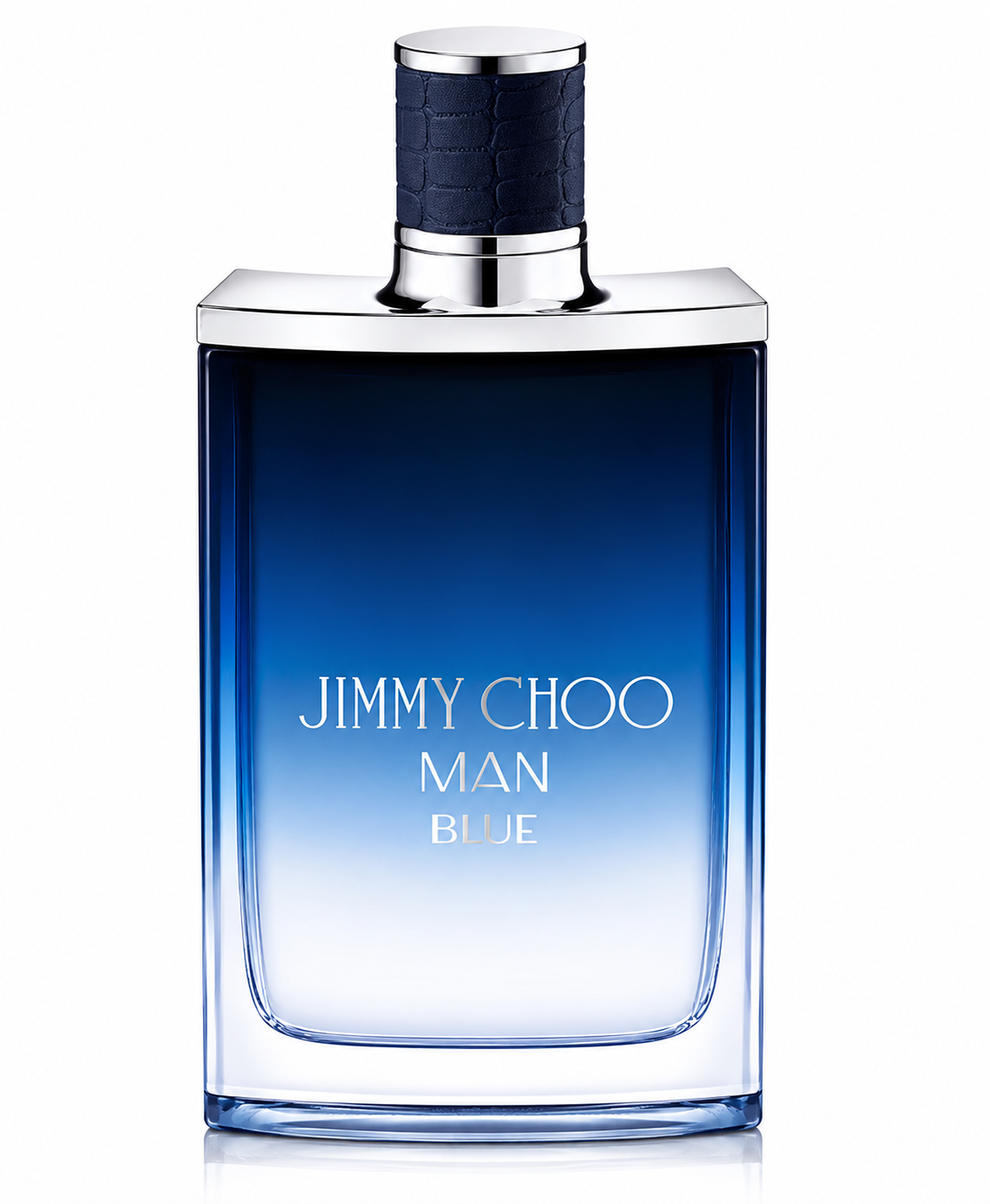 Jimmy Choo Man Blue 100ml Eau de Toilette in a sophisticated deep blue gradient glass bottle with polished silver accents and a textured navy cap, isolated on a pure white background for a premium product presentation.