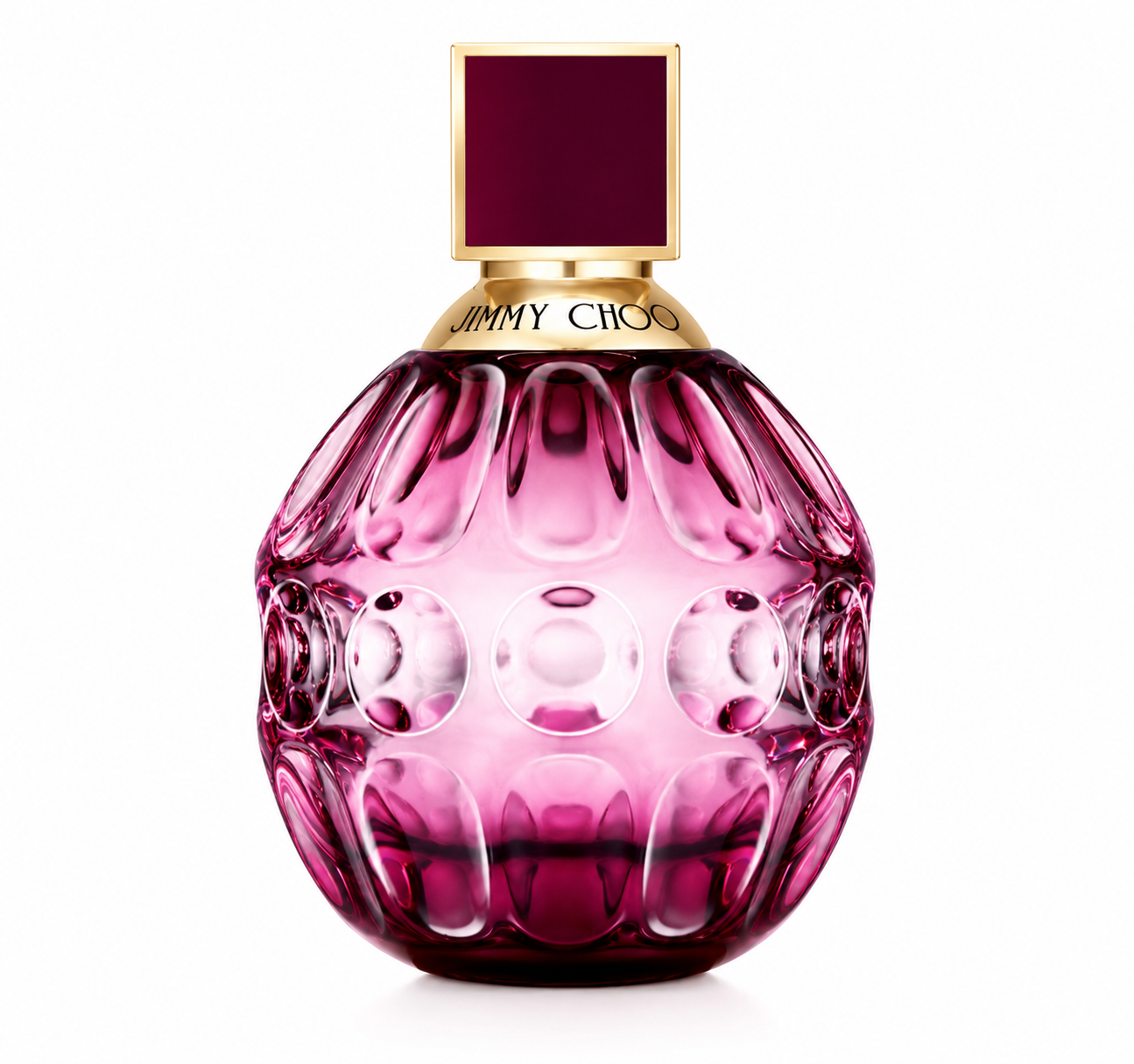 Jimmy Choo Fever 100ml Eau de Parfum in a luxurious plum-purple faceted glass bottle with gold accents, isolated on a pure white background, showcasing its elegant jewel-inspired desi