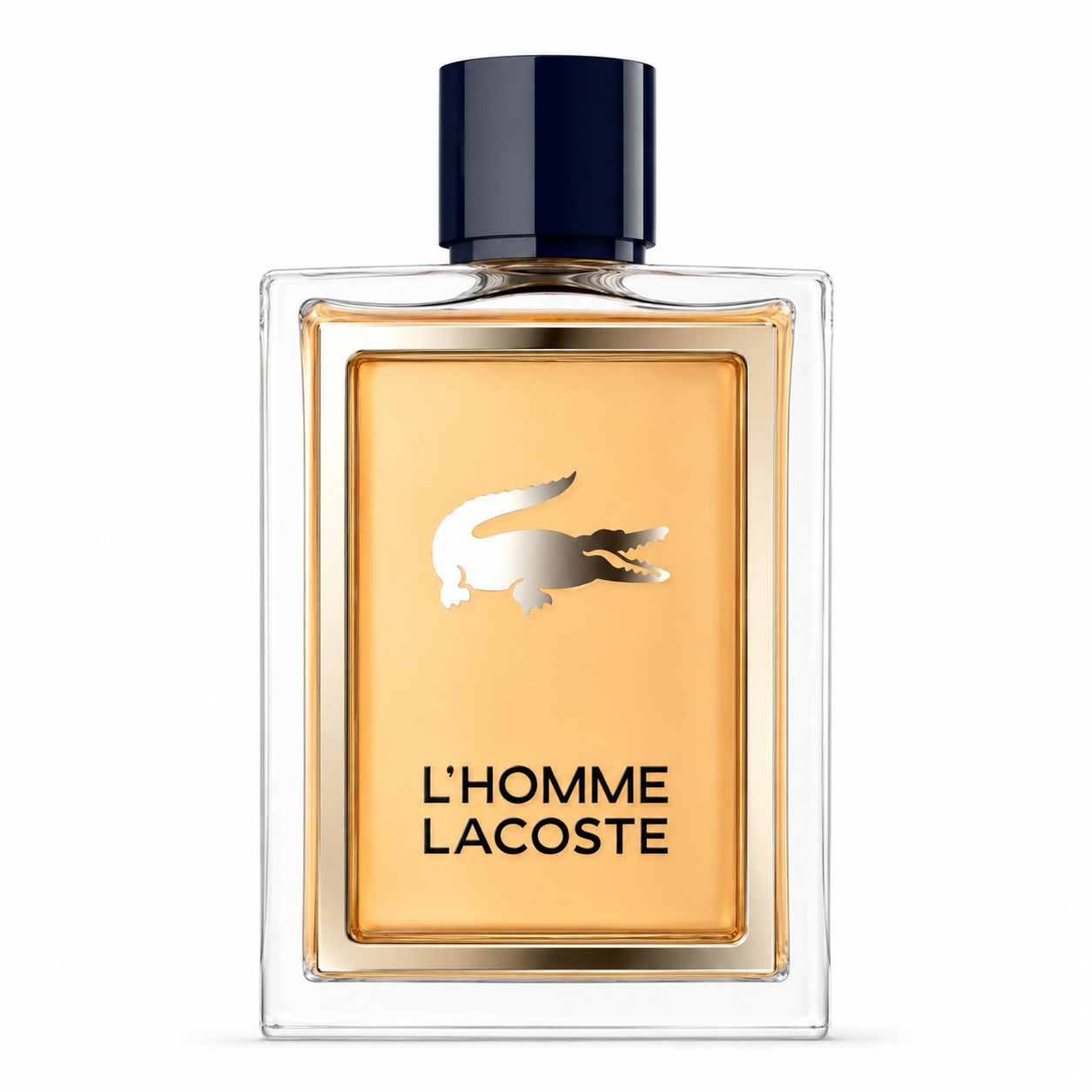 Lacoste L'Homme Eau de Toilette presented in its elegant transparent rectangular glass bottle with warm amber fragrance, refined metallic gold inner frame, signature silver crocodile logo and deep navy cap, isolated on a flawless pure white background with premium studio lighting. The image highlights the crystal-clear glass, crisp reflections, luxurious minimalist design and sophisticated masculine elegance, creating a clean, premium e-commerce presentation.