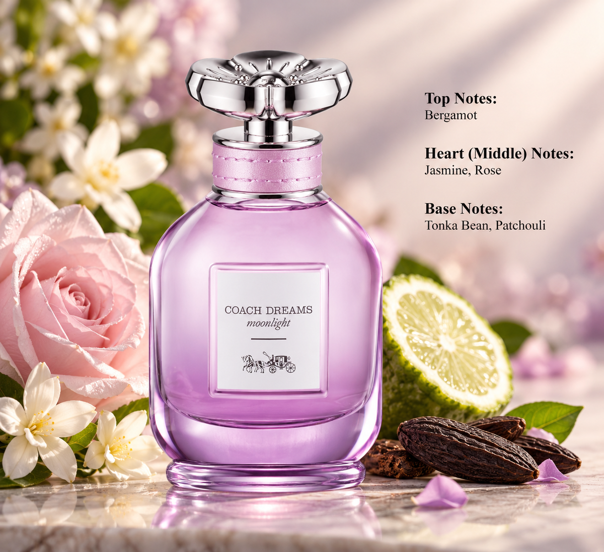 Coach Dreams Moonlight Eau de Parfum for women, featuring an elegant purple glass perfume bottle with a silver floral cap, surrounded by pink roses, white jasmine flowers, fresh bergamot and tonka beans. A feminine floral fragrance with bergamot, jasmine, rose, tonka bean and patchouli notes, presented against a soft, luxurious pastel background.