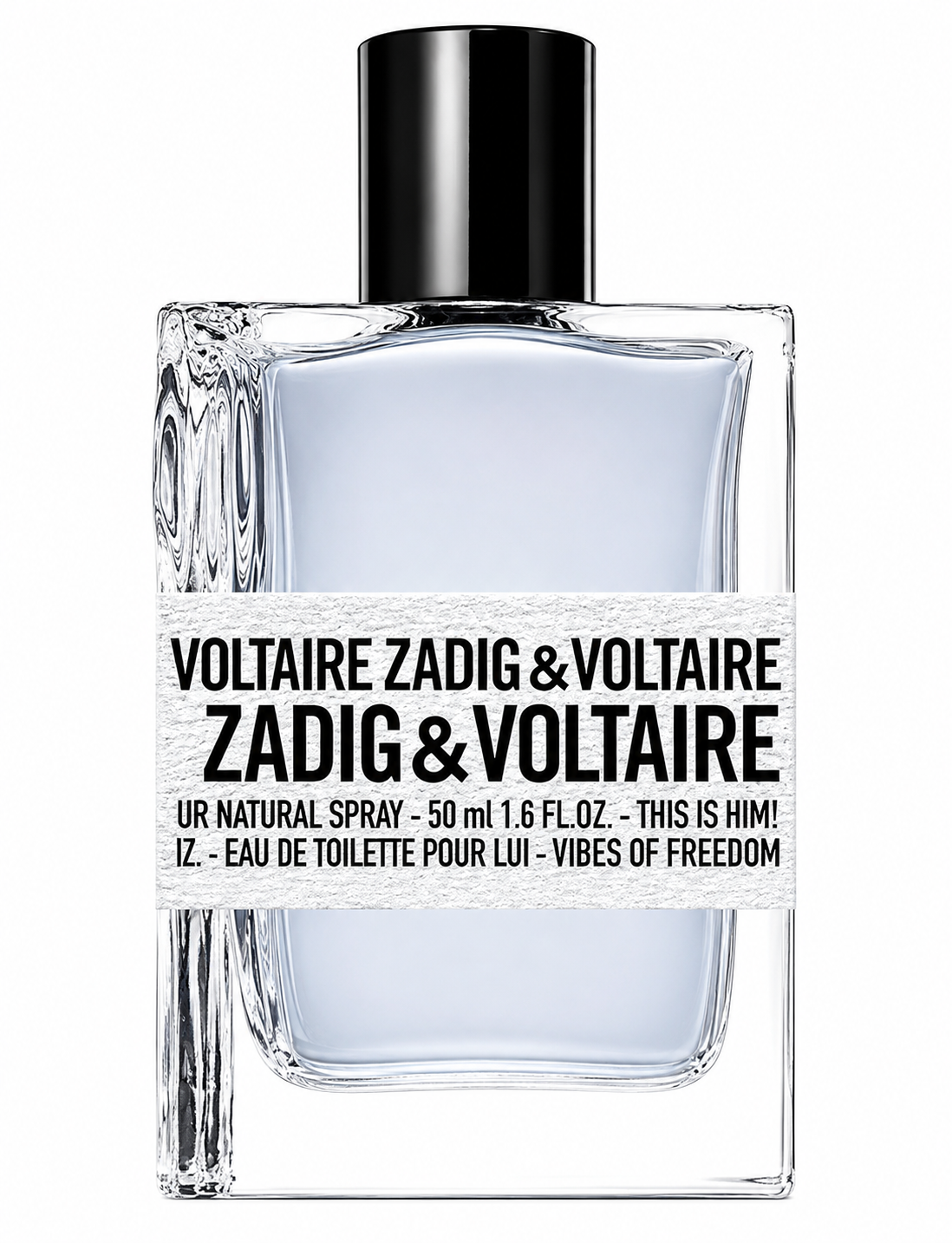 Zadig & Voltaire This Is Him! Eau de Toilette presented in its iconic minimalist transparent rectangular glass bottle with a soft smoky blue-grey fragrance, signature white textured label featuring bold black Zadig & Voltaire typography, and sleek glossy black cylindrical cap. Displayed on a flawless pure white background with premium studio lighting, crystal-clear reflections, soft natural shadows and exceptional detail that highlights the fragrance's contemporary Parisian design.
