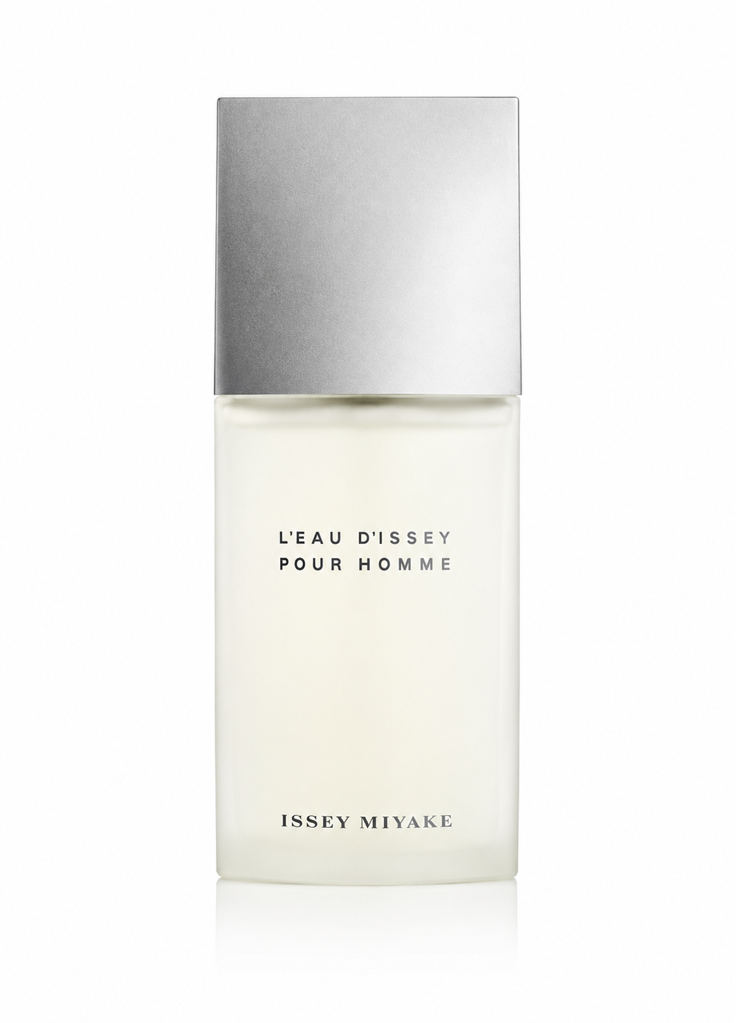 Issey Miyake L'Eau d'Issey Pour Homme Eau de Toilette perfume bottle isolated on a white background, featuring a frosted white glass bottle with a minimalist silver square cap and clean contemporary design.