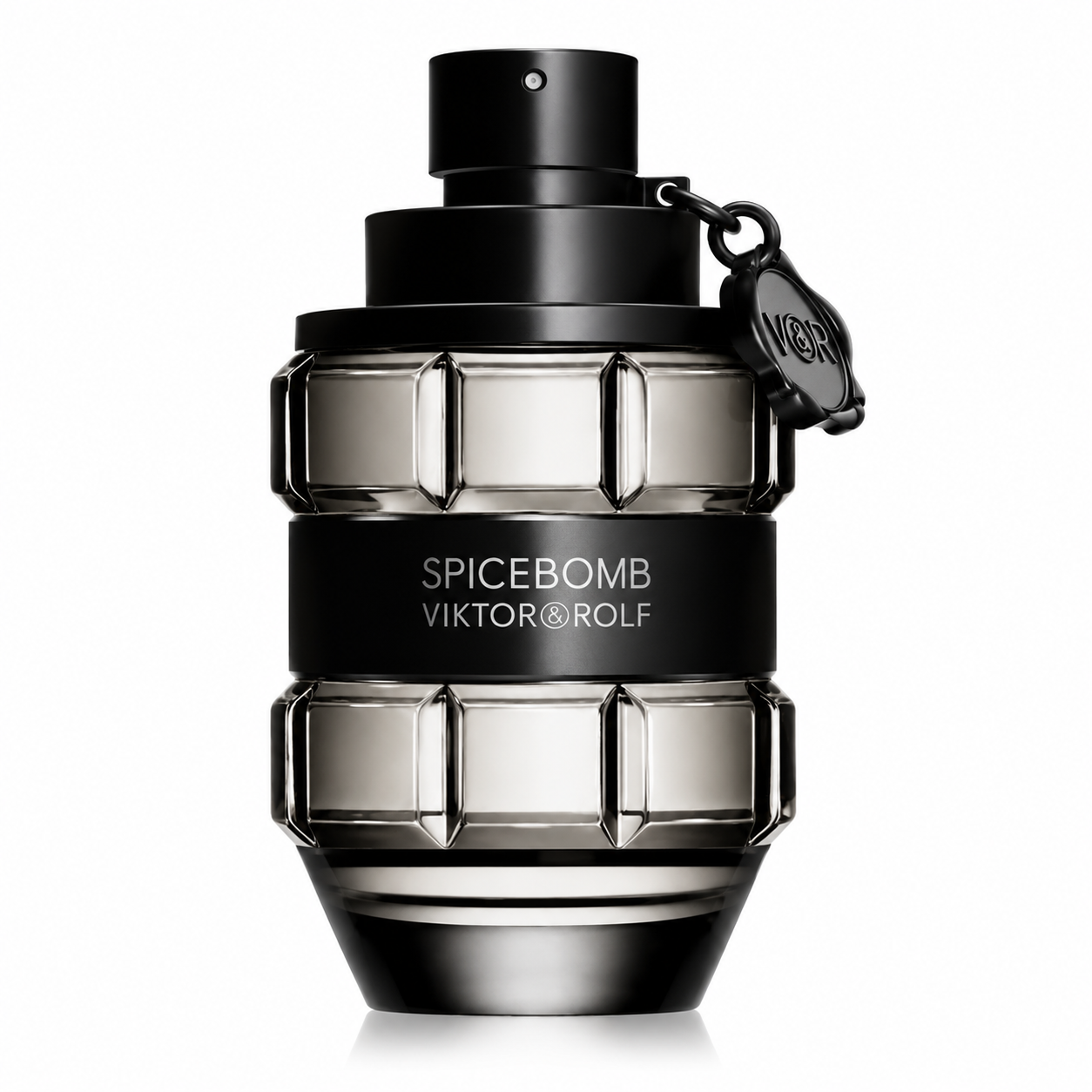 Viktor & Rolf Spicebomb Eau de Toilette presented in its iconic grenade-shaped bottle with smoked transparent glass, matte black band, pull-ring safety pin detail and premium metallic accents. Displayed on a flawless pure white background with luxury studio lighting, crisp reflections, soft natural shadows and exceptional detail that highlights the bottle's bold, masculine design. A clean, elegant and premium e-commerce presentation with photorealistic quality.