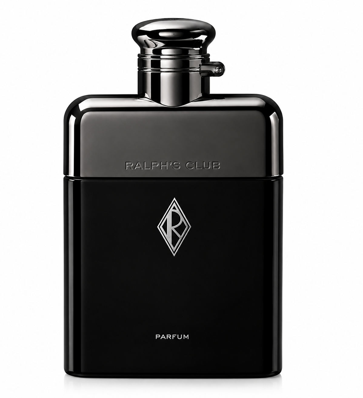 Ralph Lauren Ralph's Club Parfum presented in its sophisticated matte black bottle with polished gunmetal metallic shoulders, engraved "Ralph's Club" detailing and the iconic Ralph Lauren monogram. Displayed on a flawless pure white background with premium studio lighting, crystal-clear reflections, soft natural shadows and exceptional detail that emphasizes the bottle's luxurious finish and timeless masculine elegance. A clean, refined, high-end e-commerce presentation with impeccable realism.