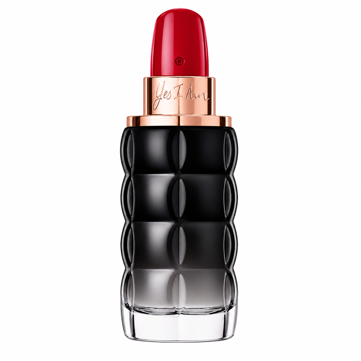 Cacharel Yes I Am Delicious 50ml Eau de Parfum for Women in a lipstick-inspired black and red bottle, isolated on a pure white background.