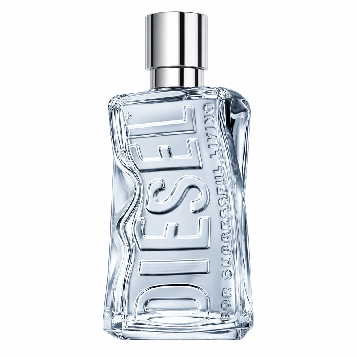 Diesel D by Diesel 100ml Eau de Toilette for Men in a transparent sculpted glass bottle with a silver cap, isolated on a pure white background.