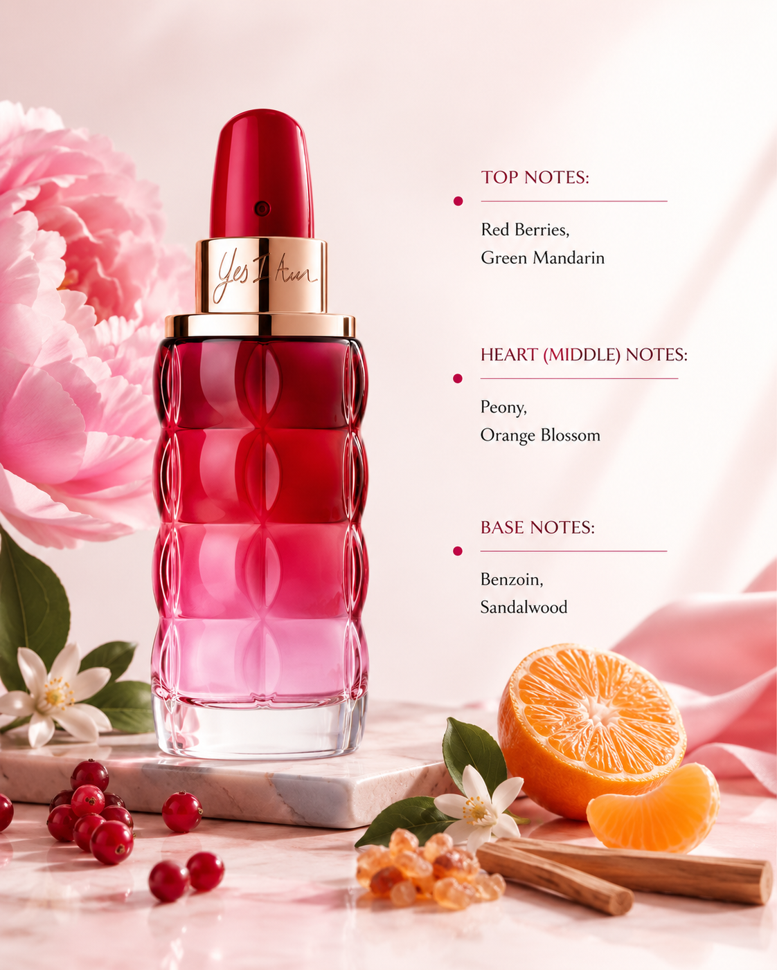 Cacharel Yes I Am Bloom Up 50ml Eau de Parfum for Women displayed with red berries, mandarin, peony, orange blossom, benzoin and sandalwood, highlighting its fruity floral fragrance.