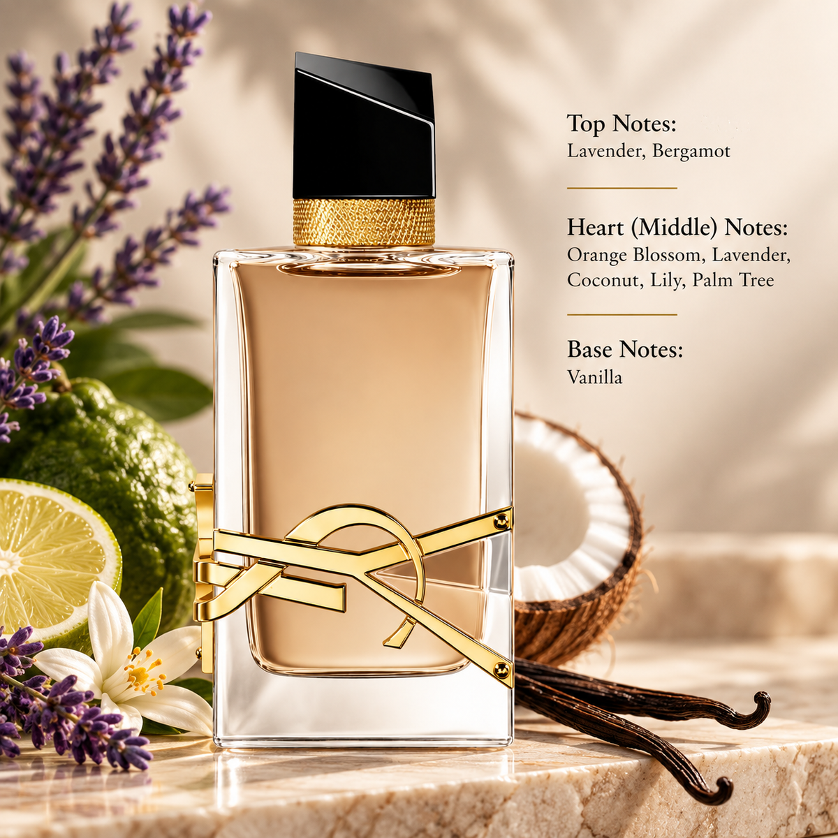 Yves Saint Laurent Libre Flowers & Flames 90ml EDP for Women presented in a warm, luxurious composition inspired by its floral and creamy fragrance profile, featuring lavender and bergamot, orange blossom, lavender, coconut, lily and palm tree accords, finished with a smooth vanilla base.