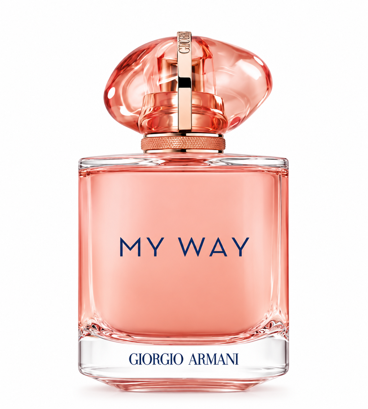 Giorgio Armani My Way perfume bottle with soft coral-pink fragrance, transparent glass and sculptural rose-gold cap, photographed on a clean white background with elegant Giorgio Armani branding.