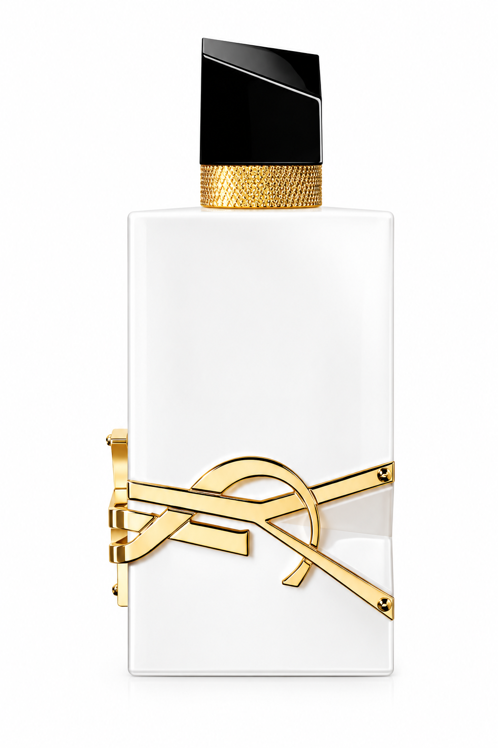 Yves Saint Laurent Libre L’Eau Nue Parfum de Peau 90ml for Women presented in its elegant opaque white rectangular bottle, finished with the iconic oversized polished gold YSL Cassandre logo, textured gold neck and sculptural black cap, photographed against a clean pure white background.
