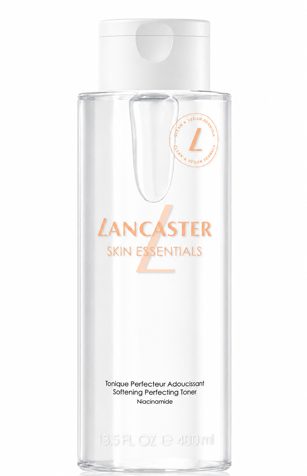 Lancaster Skin Essentials Softening Perfecting Toner (Niacinamide) presented in a crystal-clear rectangular bottle with clean architectural lines, transparent liquid, a minimalist matte white cap, and soft peach branding. Displayed upright on a pure white background with professional studio lighting, pristine reflections, subtle natural shadows, and ultra-sharp detail that highlights the clarity of the glass, the purity of the formula, and the modern minimalist packaging.