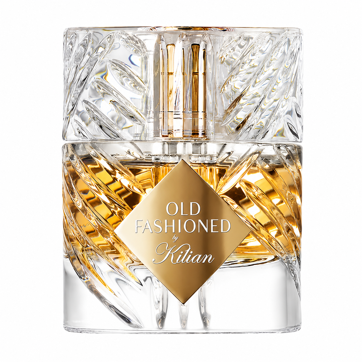 By Kilian Old Fashioned Eau de Parfum bottle isolated on a white background, featuring a luxurious faceted crystal glass bottle with amber-colored fragrance, an engraved gold diamond-shaped plaque, and an elegant cut-glass cap.
