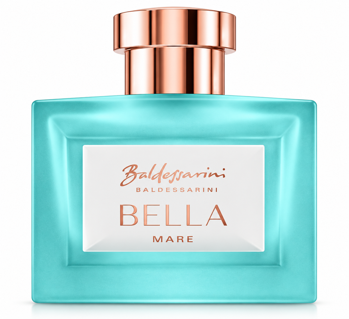 Baldessarini Bella Mare women’s fragrance in a turquoise glass bottle with elegant rose gold cap and lettering, presented on a clean white background with refined minimalist branding