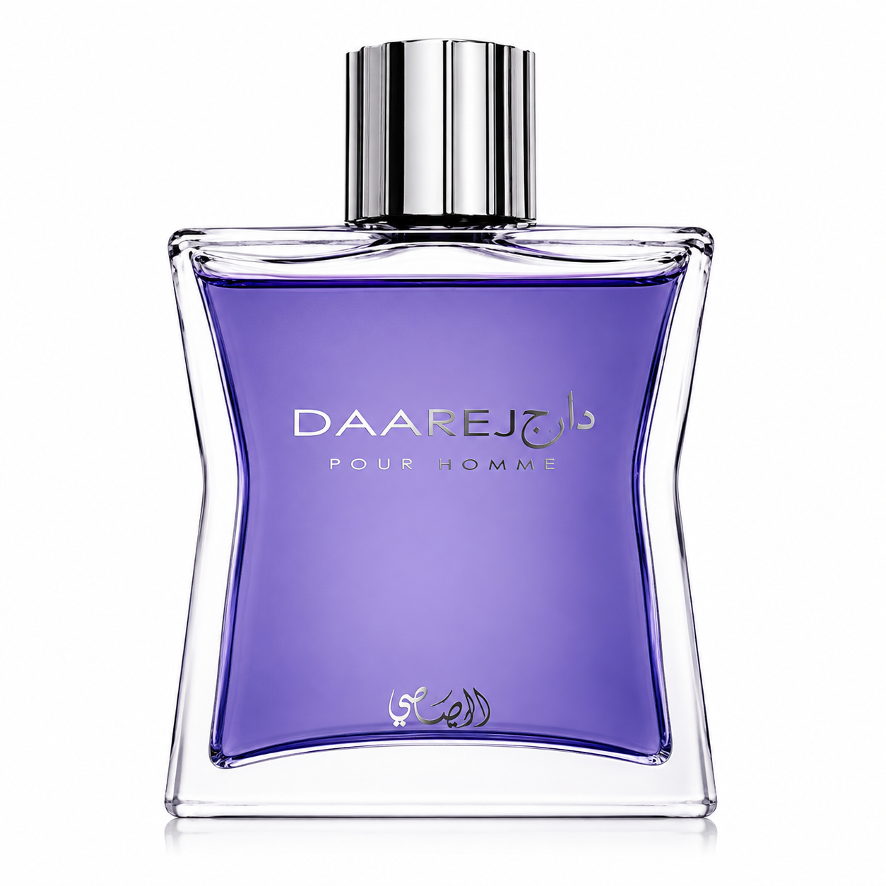 Rasasi Daarej Pour Homme Eau de Parfum bottle in its elegant transparent glass flacon with rich violet fragrance and polished silver cap, isolated on a pristine white background with premium studio lighting, highlighting the modern masculine silhouette, crystal-clear glass and luxurious metallic accents.