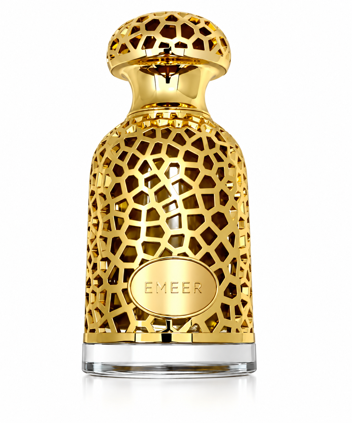Lattafa Emeer 100ml EDP, featuring an opulent gold bottle with an intricate geometric lattice design, sculptural rounded cap and elegant Emeer plaque, presented against a pristine white background.
