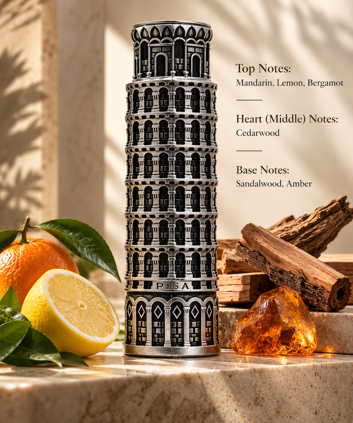 Lattafa Pisa 100ml displayed in an elegant Mediterranean-inspired composition, featuring fresh mandarin, lemon and bergamot alongside warm cedarwood, sandalwood and amber elements, with the intricately sculpted tower-shaped bottle as the central focus.