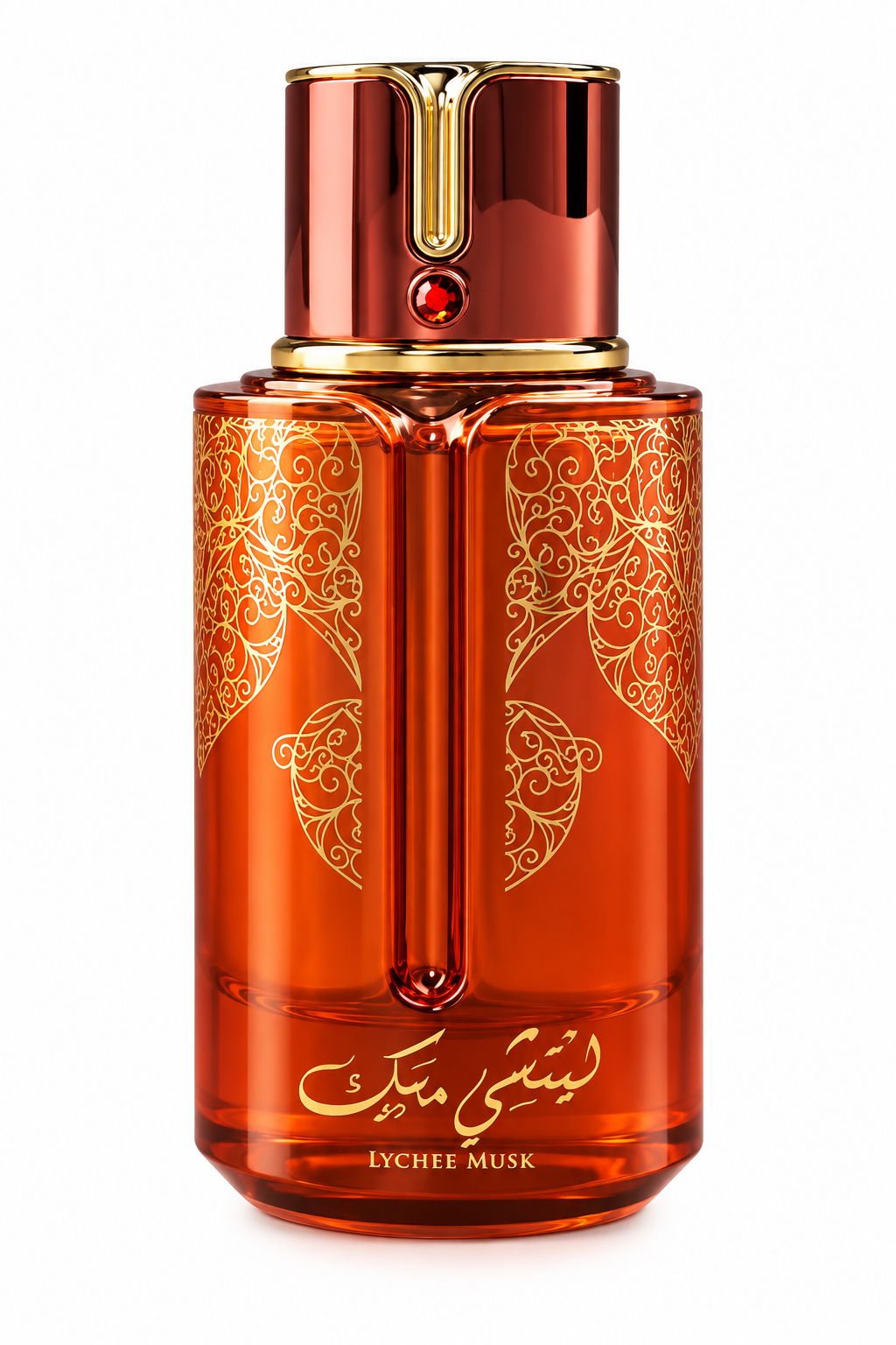 Arabiyat Prestige Lychee Musk 100ml EDP, featuring a luxurious warm coral-red glass bottle with intricate gold detailing, a jewel-accented cap and elegant Arabic-inspired design, presented against a pristine white background.