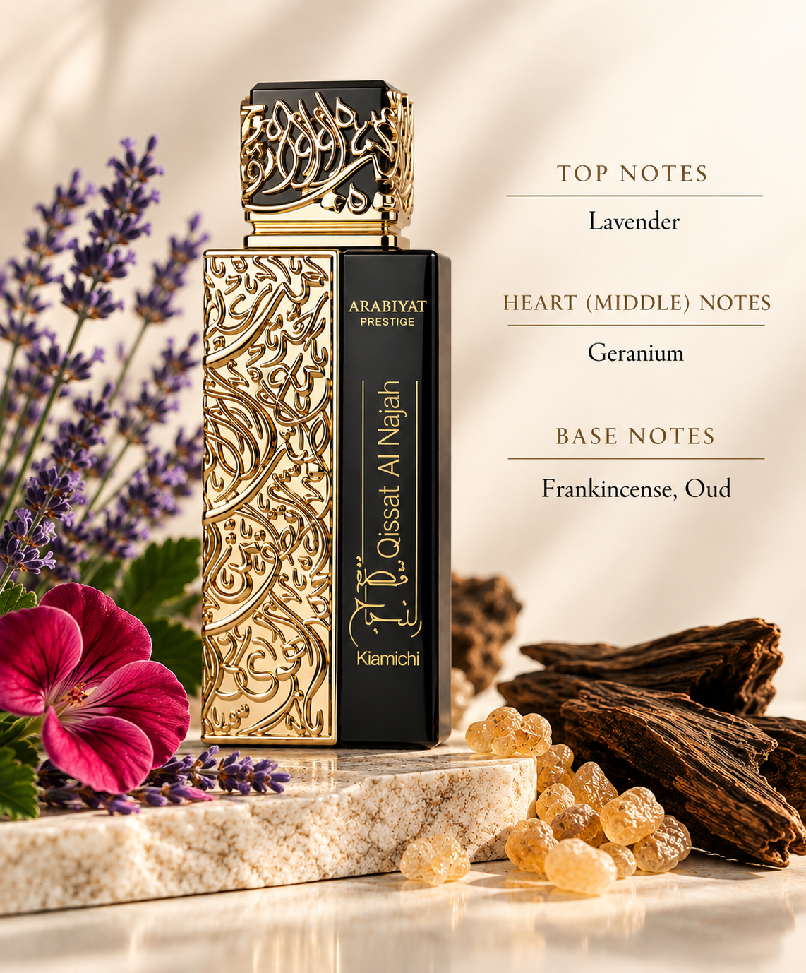 Qissat Al Najah Kiamichi presented in an elegant, warm and sophisticated setting reflecting its aromatic woody character. Lavender creates a refined aromatic opening, geranium forms the floral heart, while frankincense and oud bring depth, warmth and a rich resinous woody finish.