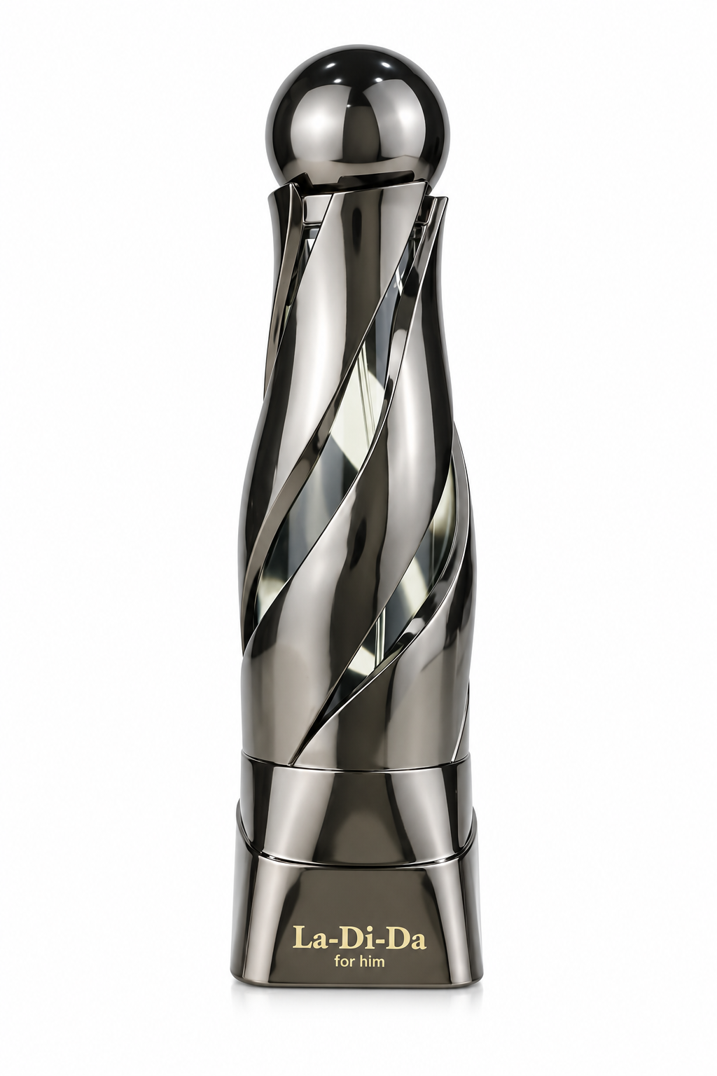 Arabiyat Prestige La Di Da Homme 100ml EDP, featuring a tall sculptural bottle with intertwined gunmetal metallic curves, transparent glass accents and a polished spherical cap, presented against a pristine white background.