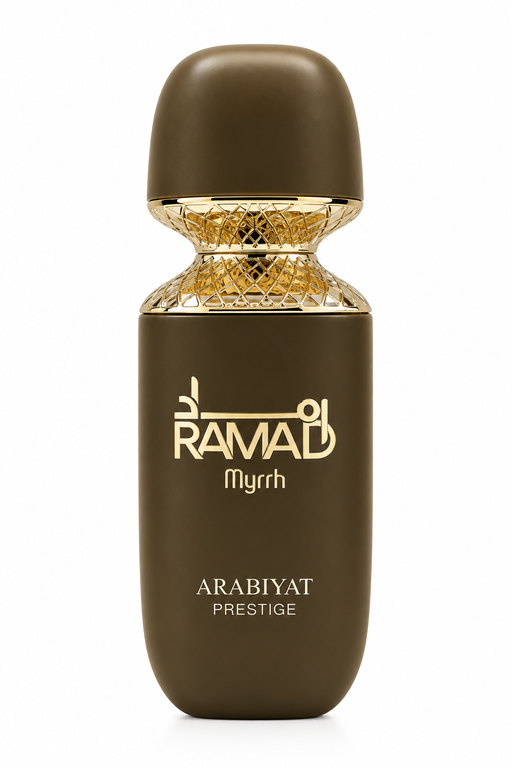 Arabiyat Prestige Ramad Myrrh 100ml Eau de Parfum in an elegant matte brown bottle with luxurious gold lattice detailing, metallic gold logo and rounded cap, presented against a clean white background.