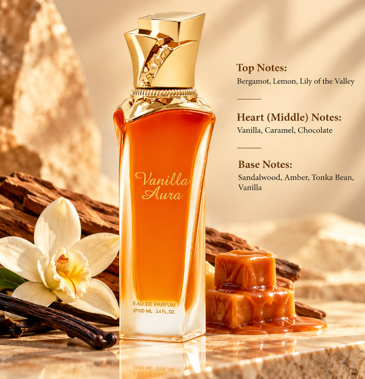 Vanilla Aura 100ml Eau de Parfum displayed on elegant beige marble with vanilla orchids, vanilla pods, creamy caramel and sandalwood. A luxurious sweet gourmand fragrance featuring vanilla, caramel, chocolate, tonka bean, amber and warm woody notes.