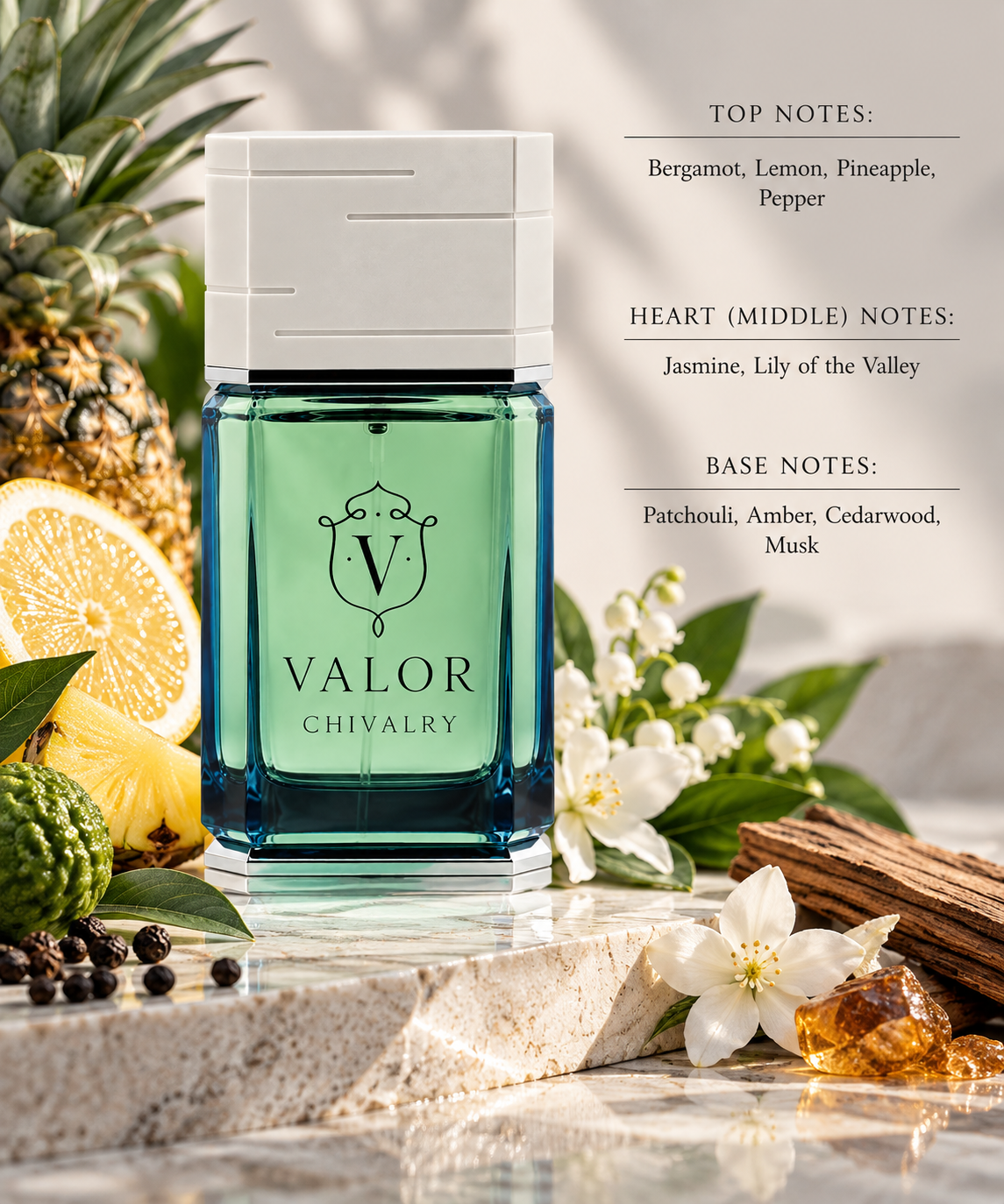 Khadlaj Valor Chivalry styled in a fresh, sophisticated setting with bergamot, lemon, pineapple and pepper, complemented by jasmine and lily of the valley, while patchouli, amber, cedarwood and musk add a smooth woody depth.
