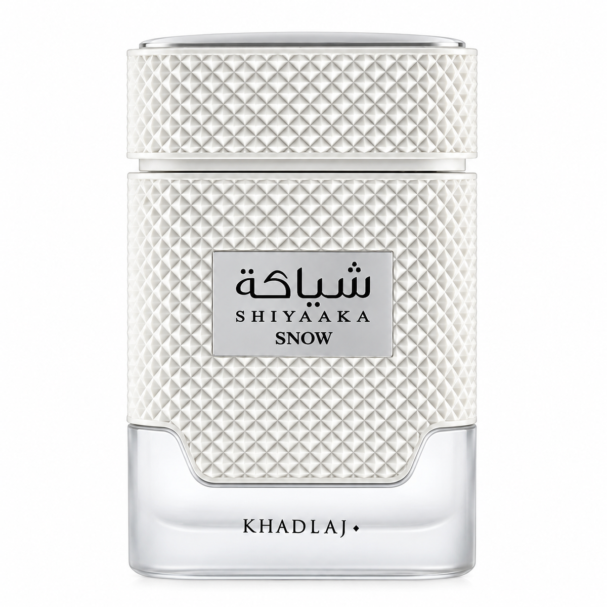 Khadlaj Shiyaaka Snow perfume presented in an elegant white and silver bottle with intricate geometric detailing, Arabic-inspired branding and a clean, modern design against a pure white background.