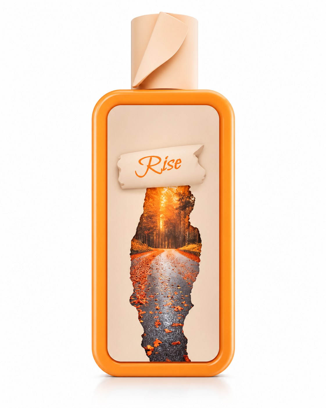 Rise Eau de Parfum in a modern rectangular bottle with a warm orange frame, cream cap, and artistic forest pathway illustration on the front, isolated on a white background. This amber gourmand fragrance blends spicy nutmeg, pink pepper, orange blossom, and orris with a rich heart of toffee, caramel, cinnamon, and clary sage, finishing with warm vanilla bean, cashmeran, praline, amber, and ambroxan for a comforting, long-lasting scent.