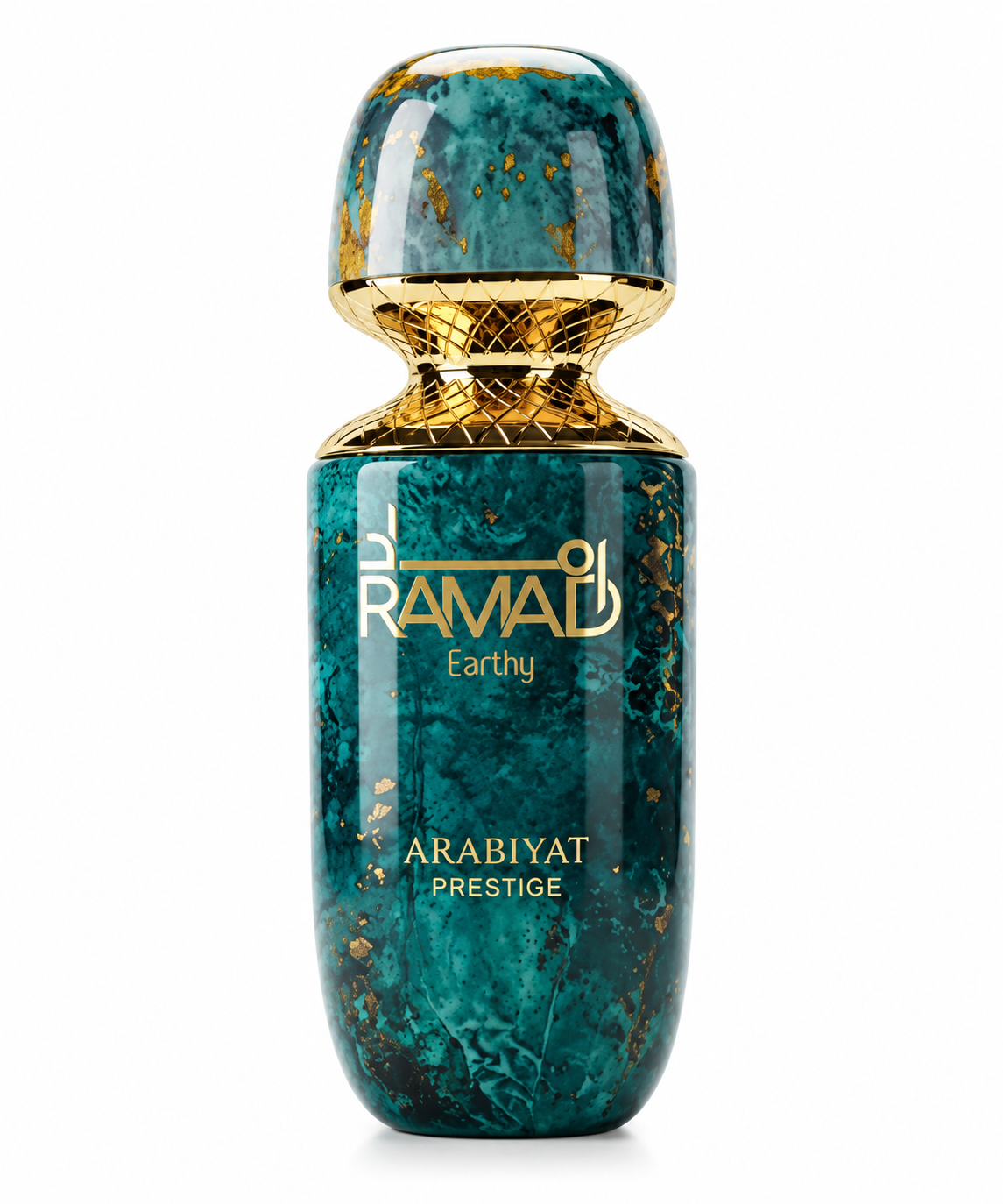 Arabiyat Prestige Ramad Earthy 100ml Eau de Parfum in a luxurious teal marbled bottle with gold accents, intricate metallic lattice detailing and matching rounded cap, presented on a clean white background.