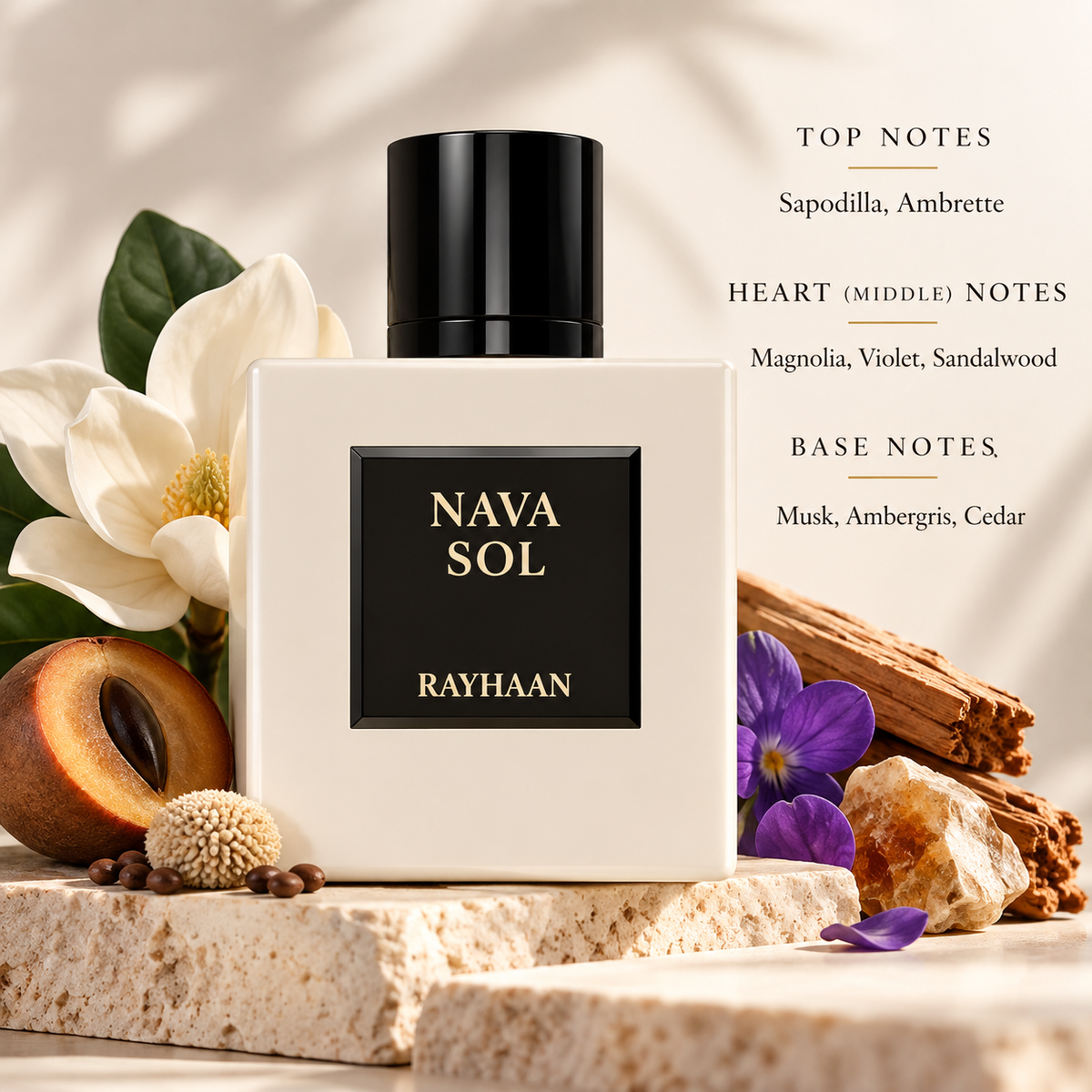 Rayhaan Nava Sol presented in a warm, sophisticated floral-woody setting. Sapodilla and ambrette introduce a smooth, subtly exotic opening, followed by magnolia, violet and sandalwood, resting on a sensual base of musk, ambergris and cedar.