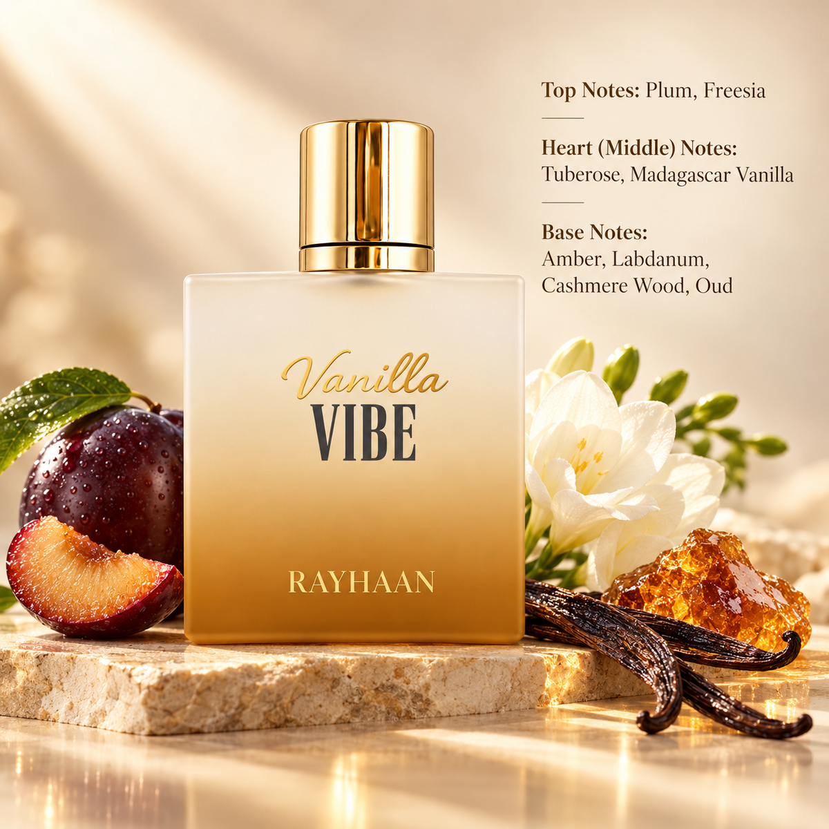 Rayhaan Vanilla Vibe Eau de Parfum in a luxurious beige and amber bottle with a gold cap, surrounded by juicy plums, white flowers, vanilla pods and golden amber resin. A warm vanilla fragrance featuring plum and freesia top notes, tuberose and Madagascar vanilla heart notes, with amber, labdanum, cashmere wood and oud base notes.