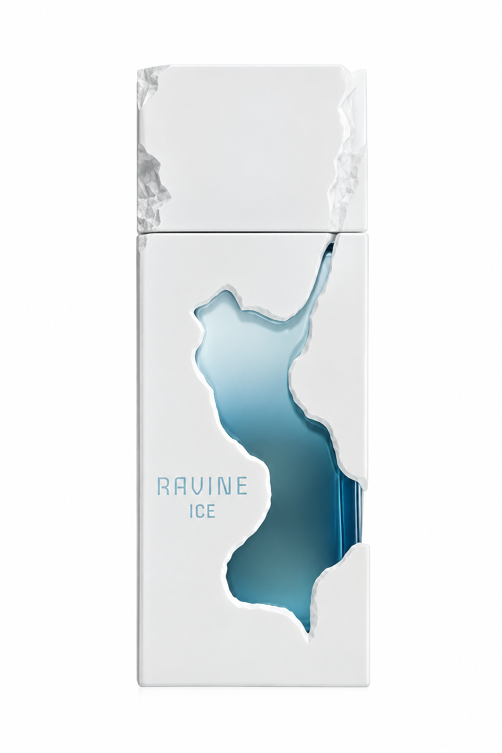 French Avenue Ravine Ice 100ml EDP, featuring its distinctive sculptural white bottle with an icy fractured design revealing a cool blue gradient core, isolated on a pristine white background.