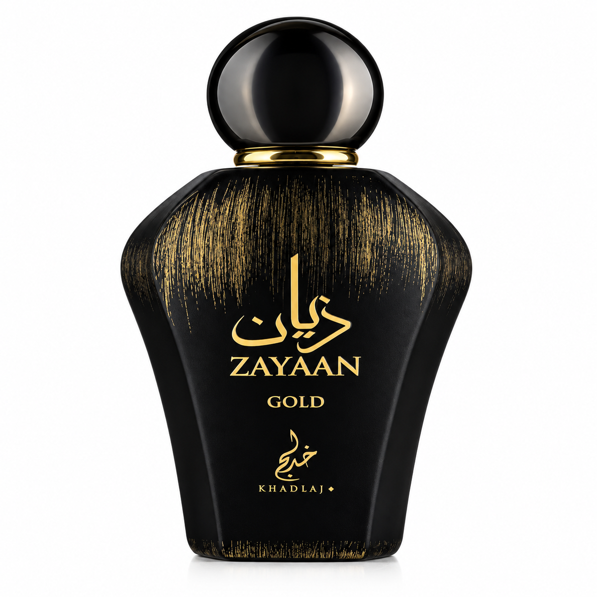 Khadlaj Zayaan Gold perfume presented in a luxurious sculpted matte-black bottle with refined gold detailing, elegant Arabic-inspired branding and a glossy rounded black cap against a clean white background.