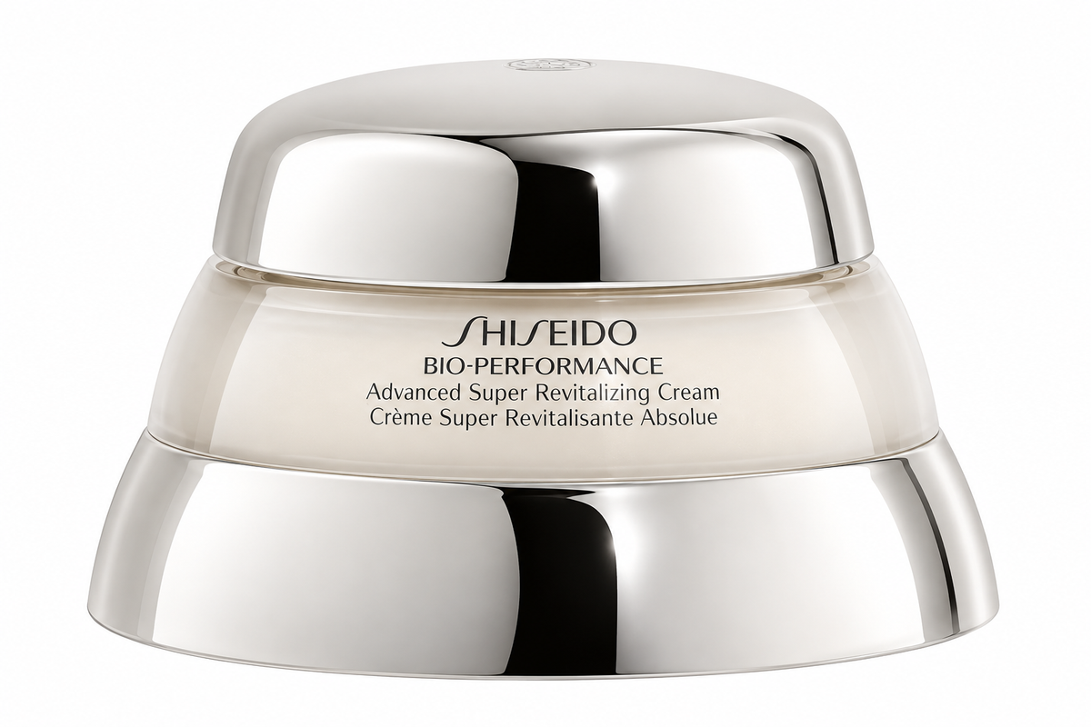 Shiseido Bio-Performance Advanced Super Revitalizing Cream 50ml in a luxurious sculptural skincare jar with pearlescent ivory detailing and highly reflective silver lid and base, presented on a clean white background.