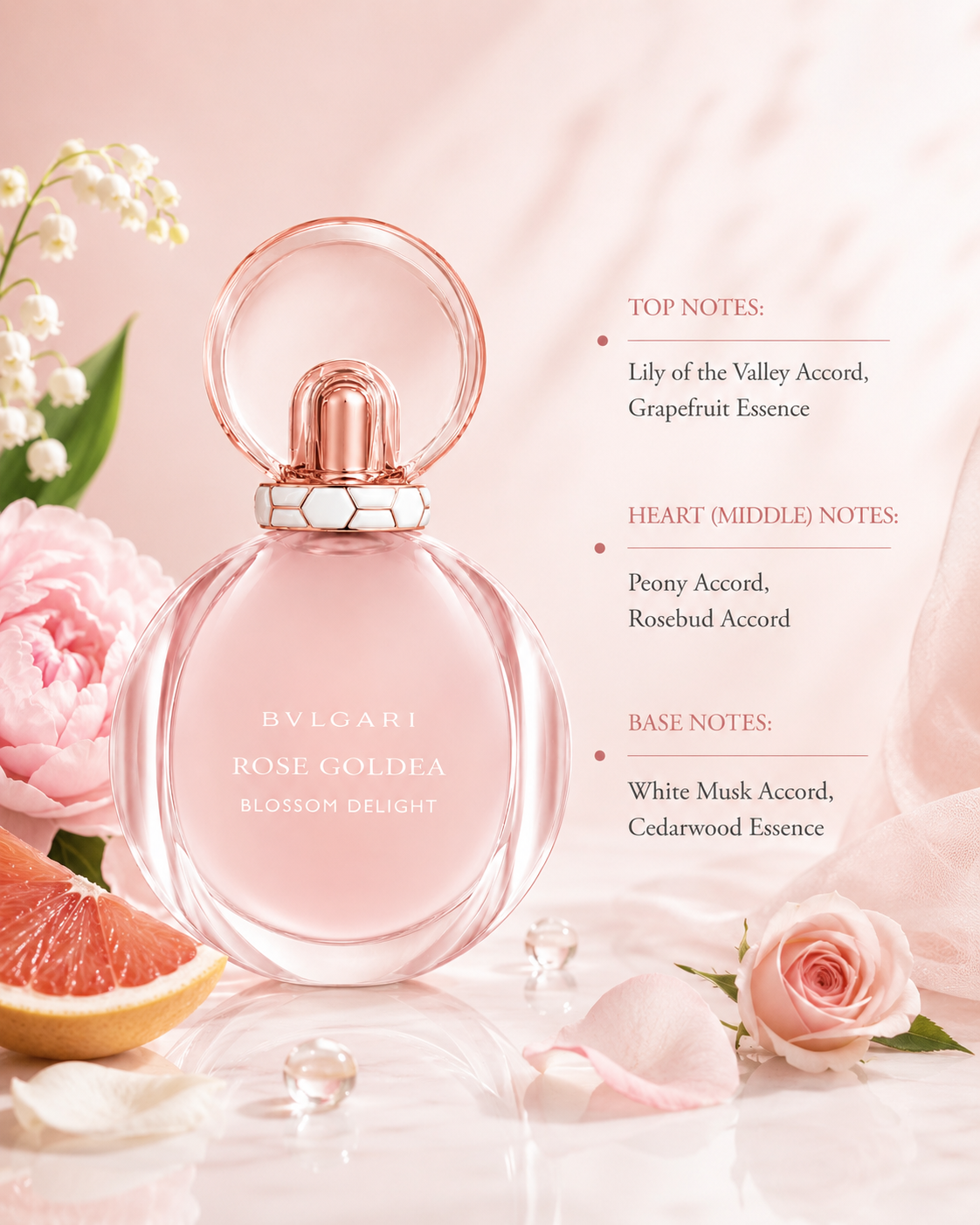 Bvlgari Rose Goldea Blossom Delight 75ml Eau de Toilette for Women displayed with grapefruit, peony, rose, white musk and cedarwood, highlighting its fresh floral fragrance.