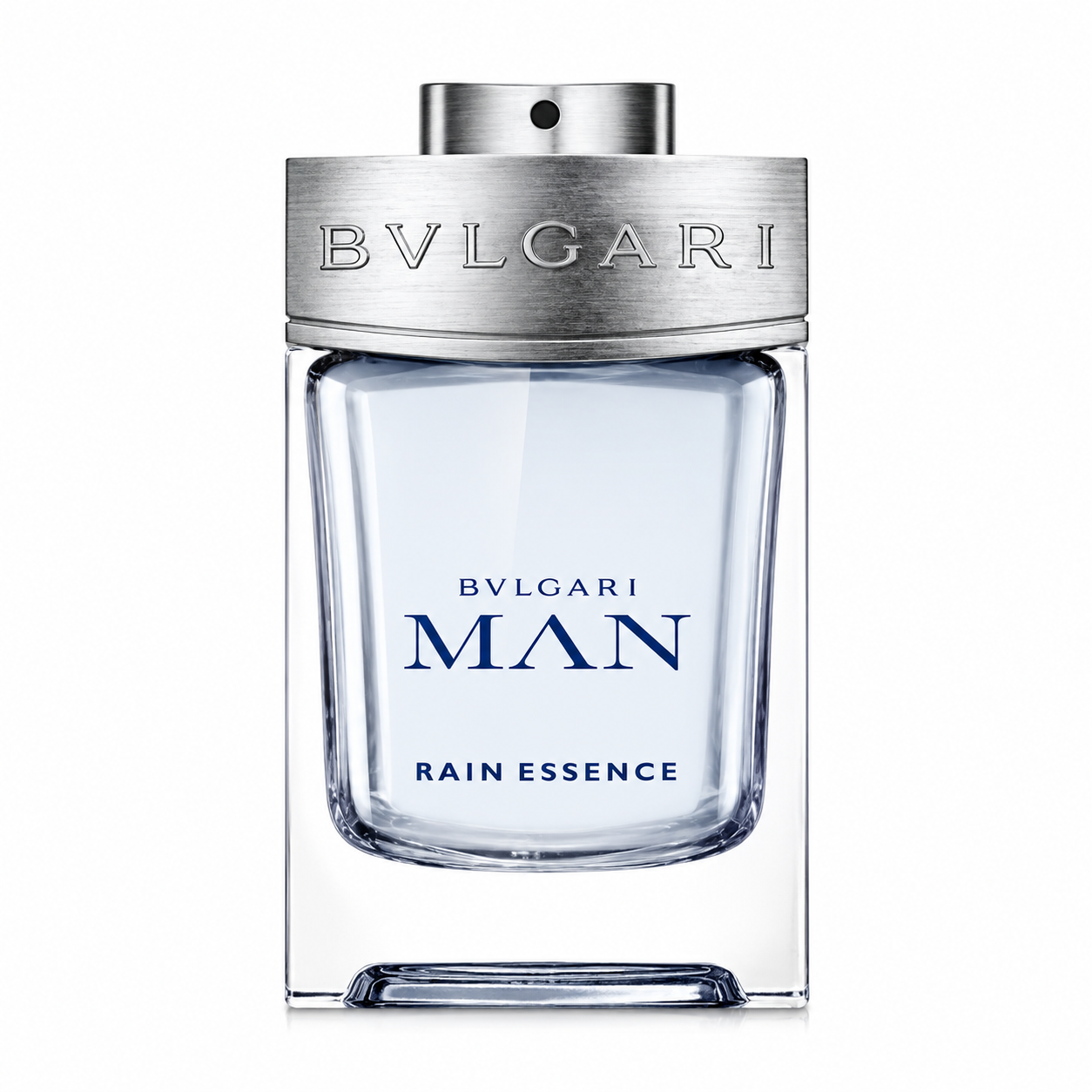 Bvlgari Man Rain Essence 100ml Eau de Parfum for Men in a clear glass bottle with a brushed silver cap, isolated on a pure white background.
