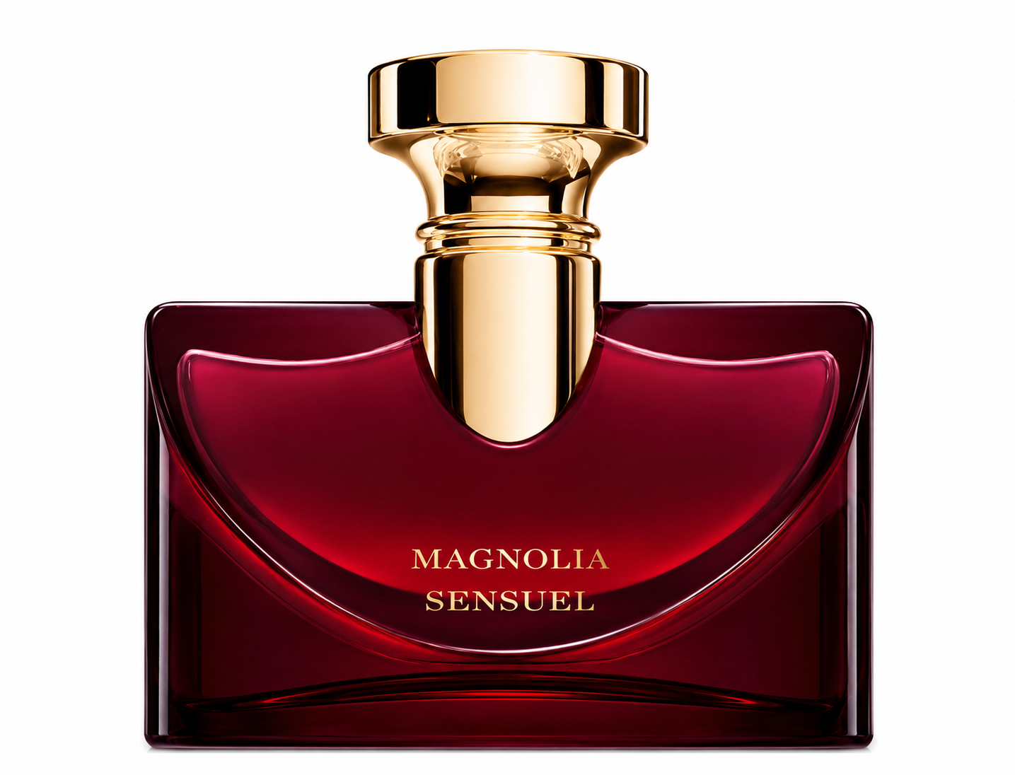 Bvlgari Splendida Magnolia Sensuel 100ml Eau de Parfum for Women in a deep ruby red glass bottle with a gold cap, isolated on a pure white background.