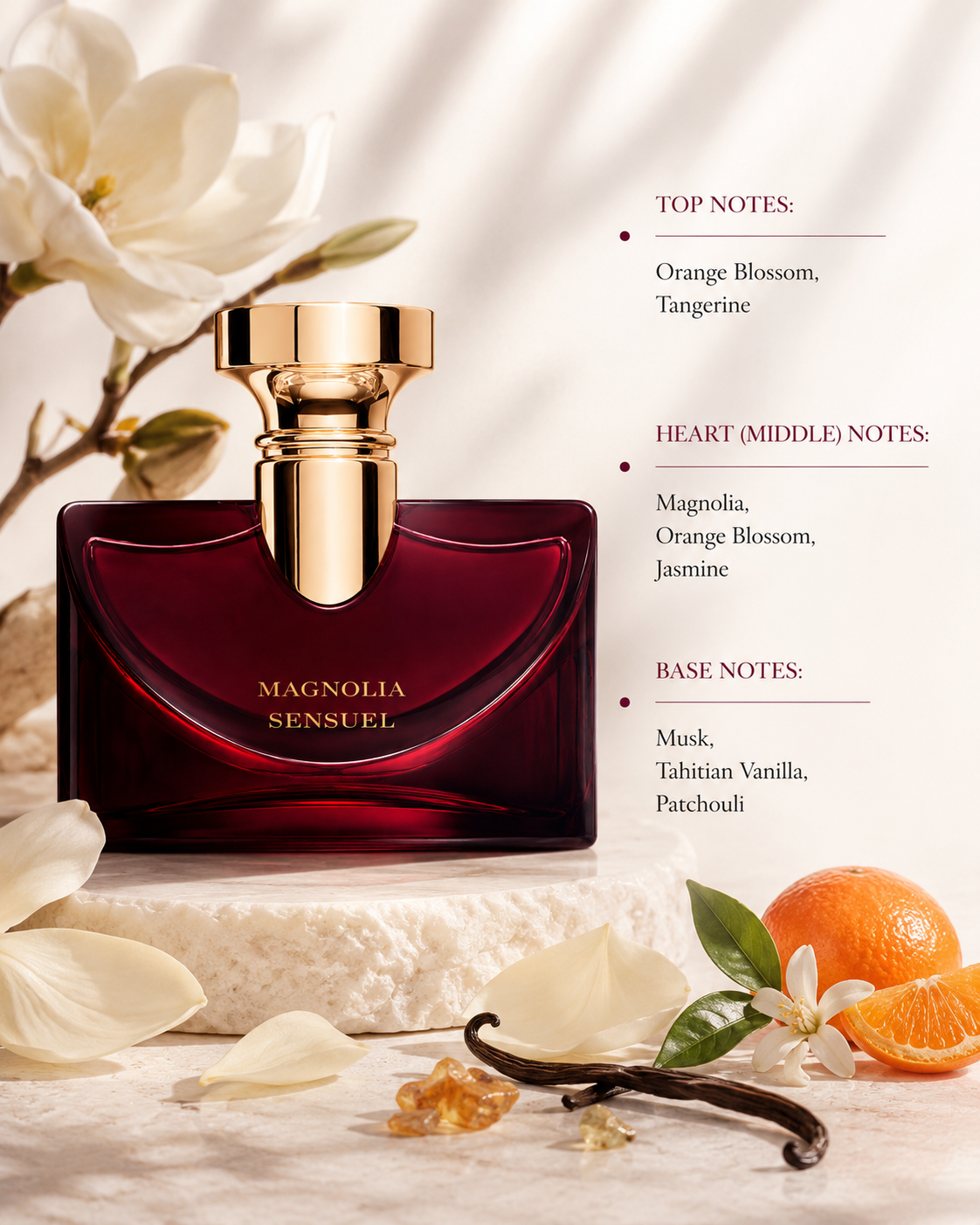 Bvlgari Splendida Magnolia Sensuel 100ml Eau de Parfum for Women displayed with magnolia, orange blossom, jasmine, vanilla and patchouli, highlighting its warm floral fragranc