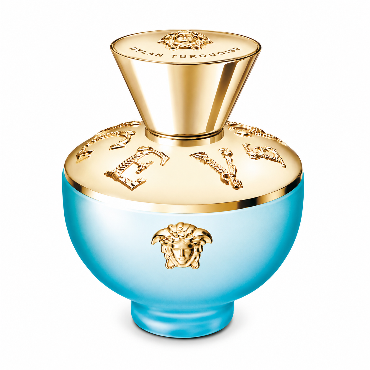 Versace Dylan Turquoise Pour Femme Eau de Toilette presented in its iconic frosted turquoise glass bottle with luxurious polished gold cap, embossed Baroque detailing and signature Medusa emblem. Displayed on a flawless pure white background with premium studio lighting, crystal-clear reflections, soft natural shadows and exceptional detail that highlights the bottle's elegant Mediterranean-inspired design.