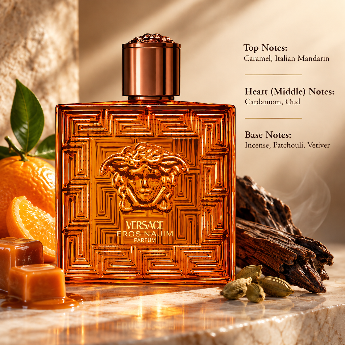 Versace Eros Najim 200ml Parfum for Men presented in a warm, luxurious setting reflecting its rich oriental woody character, featuring caramel and Italian mandarin, a spicy heart of cardamom and oud, and a deep, sophisticated base of incense, patchouli and vetiver.