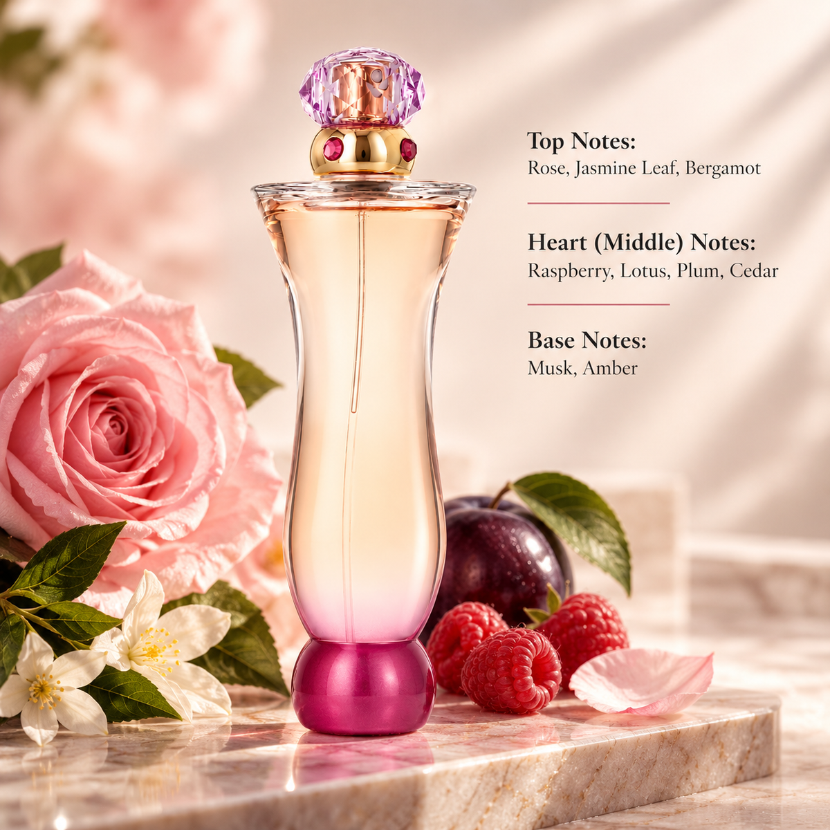 Versace Woman 100ml Eau de Parfum for Women presented in an elegant feminine composition inspired by its floral and fruity fragrance profile, featuring rose, jasmine leaf and bergamot, a heart of raspberry, lotus, plum and cedar, and a soft base of musk and amber.